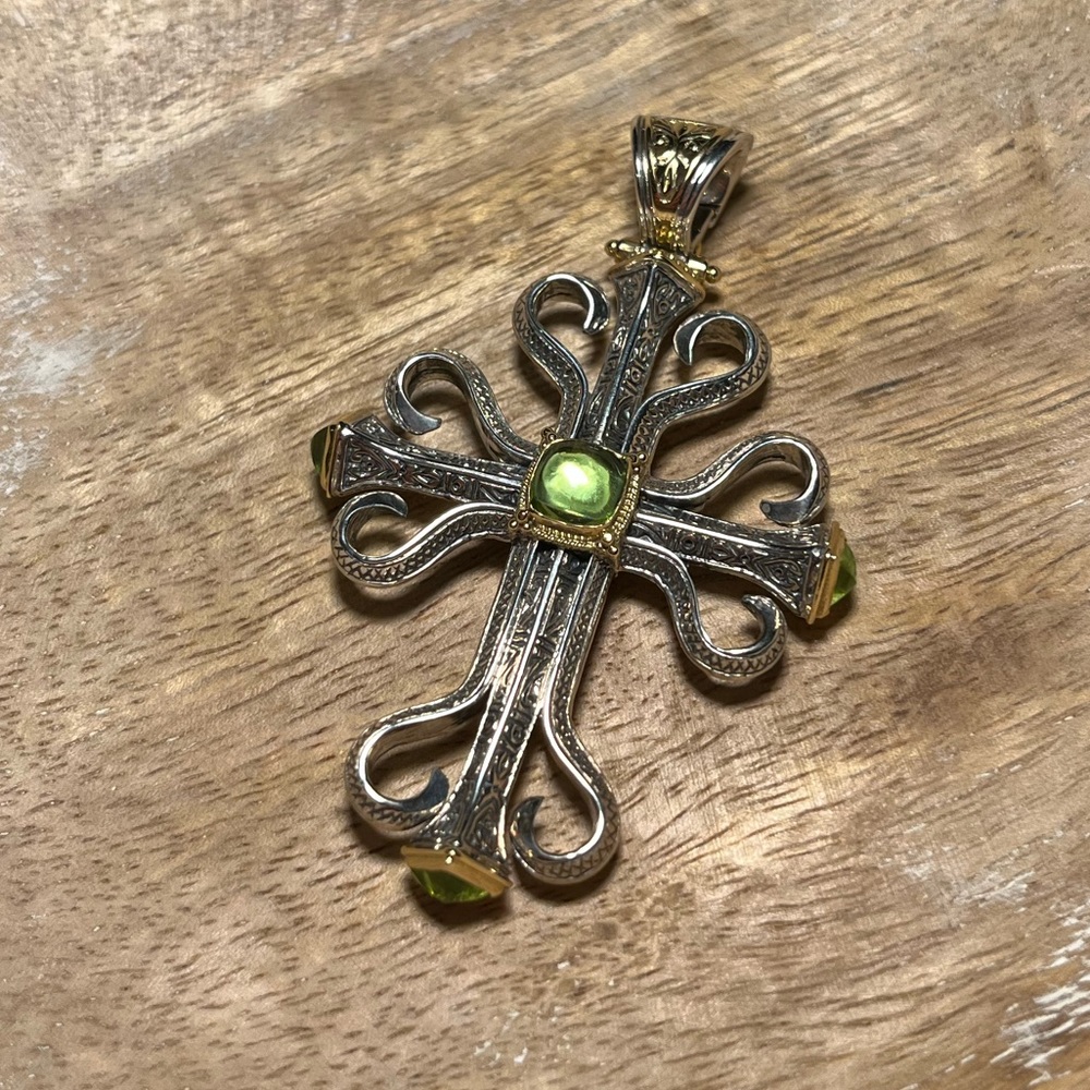 Konstantino 18K Gold Sterling Silver Green Stone Cross Pendant
